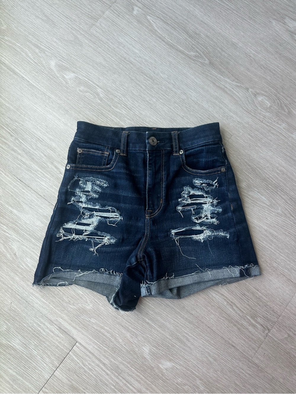 American Eagle Outfitters Curvy High Rise Dark Blue Distressed Denim Shorts